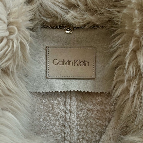 Calvin Klein Soft Latte Faux Suede Coat with Fur Collar - Picture 8 of 13